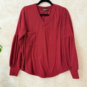 BTFBM Burgundy Corduroy Balloon Sleeve Top V-Neck Pocket Oversized Small